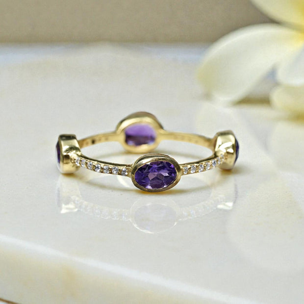Natural Amethyst four stone Band Dainty Ring