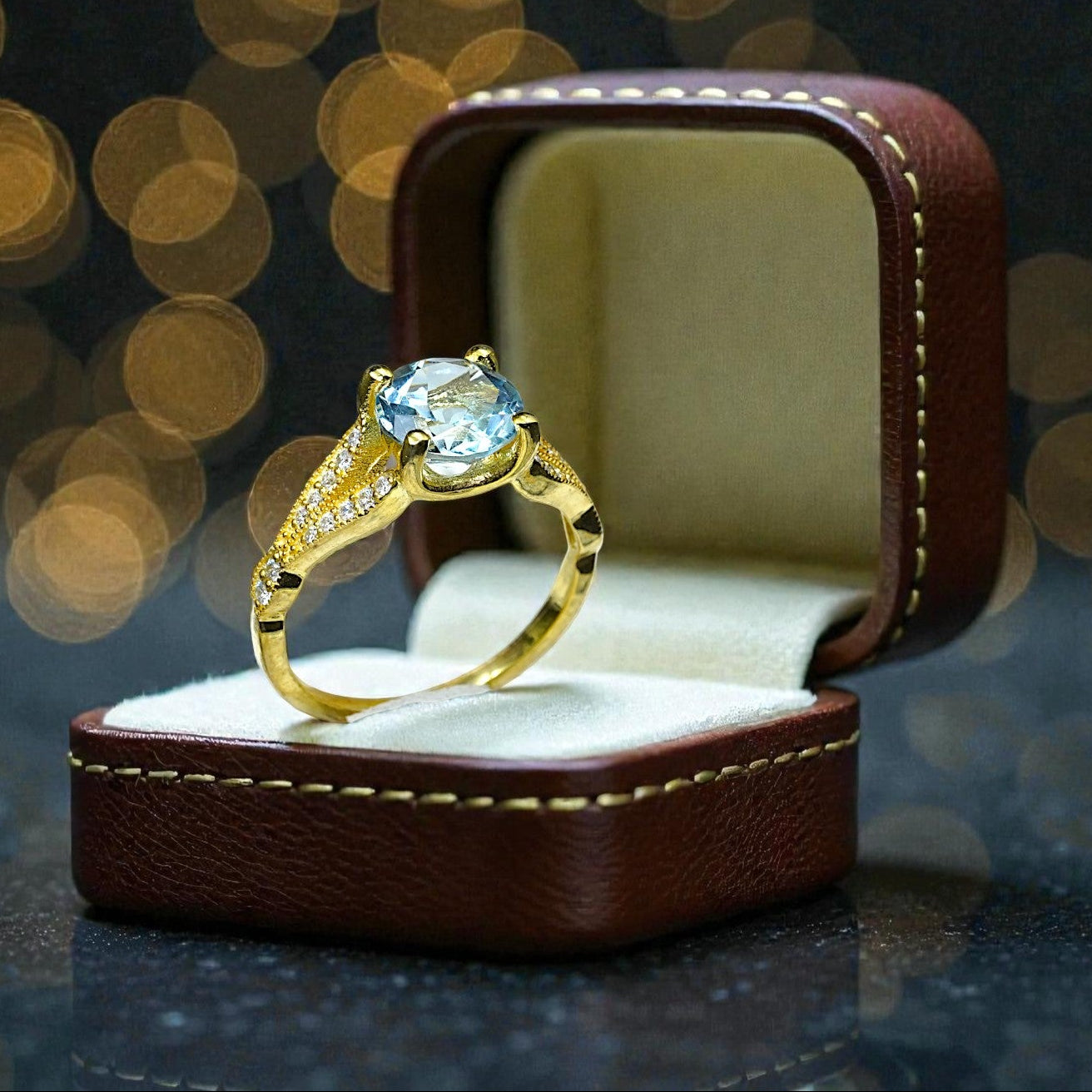 Round Cut Natural aqua marine Art Deco Ring RG-GM-AQ-SL-027