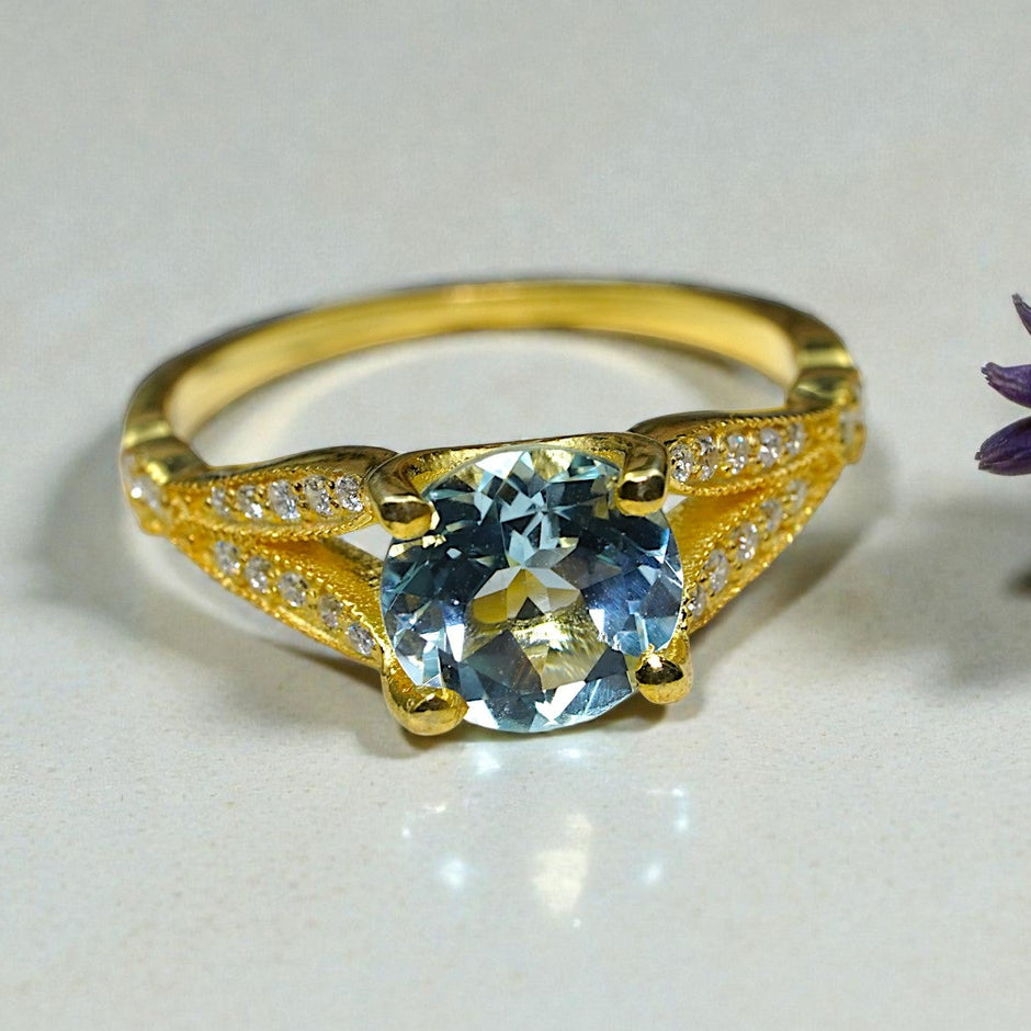 Round Cut Natural aqua marine Art Deco Ring RG-GM-AQ-SL-027