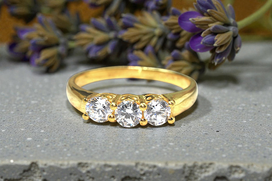 Moissanite  Tri Diamond Ring Gold 3