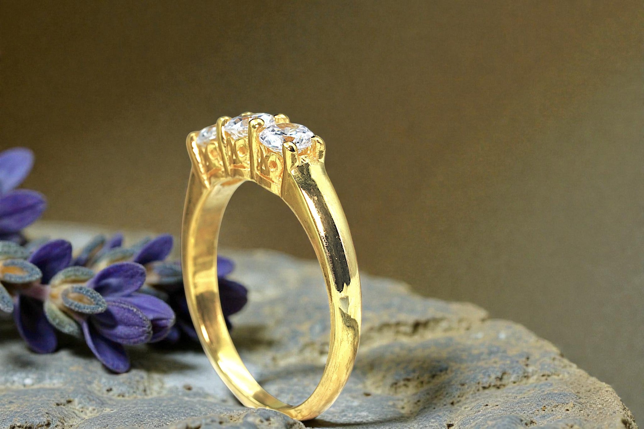 Moissanite  Tri Diamond Ring Gold 3