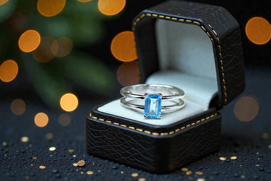 Emerald Cut Natural Blue Topaz birthstone  Ring RG-GM-BT-SL-014