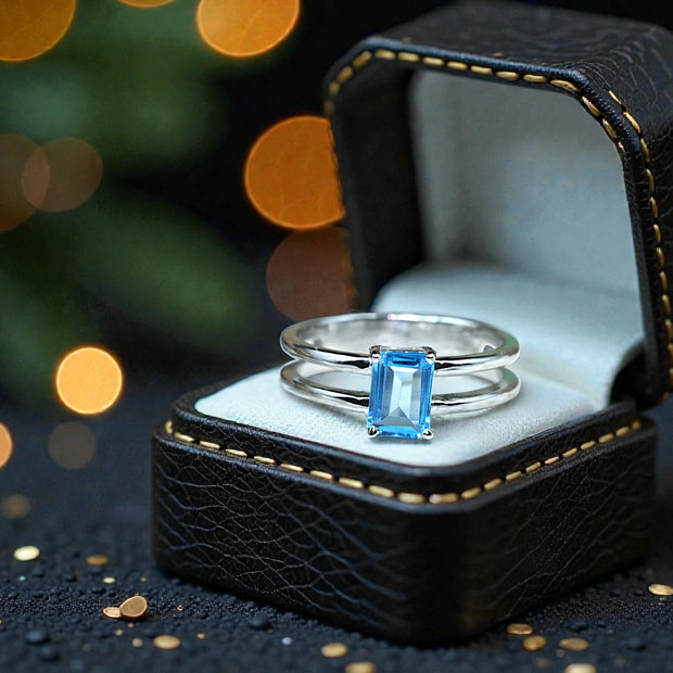 Emerald Cut Natural Blue Topaz birthstone  Ring RG-GM-BT-SL-014