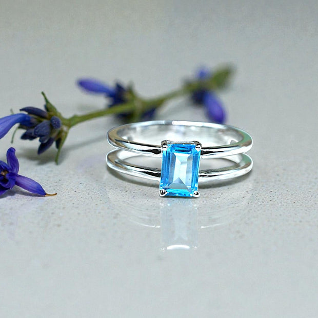 Emerald Cut Natural Blue Topaz birthstone  Ring RG-GM-BT-SL-014