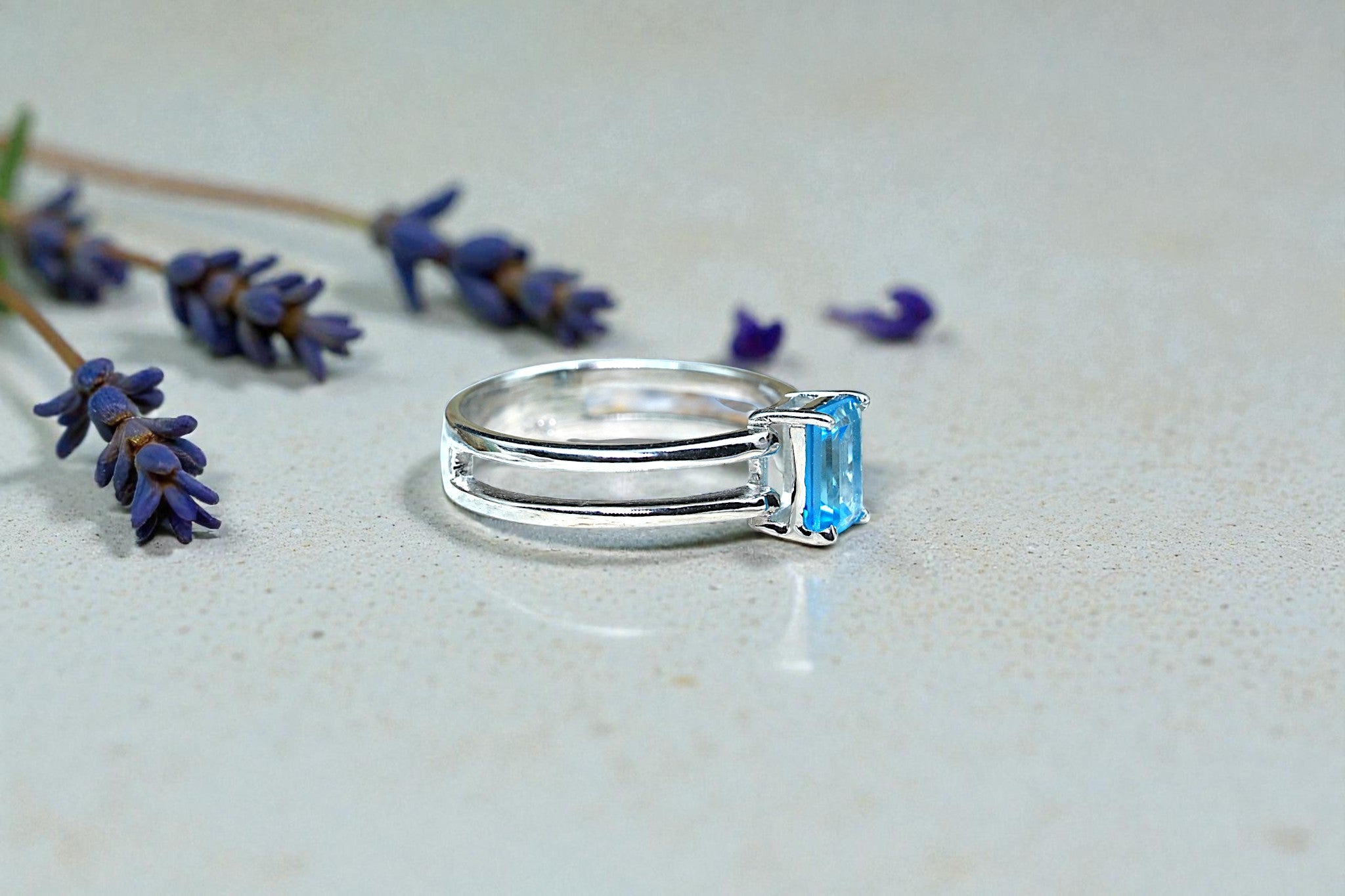 Emerald Cut Natural Blue Topaz birthstone  Ring RG-GM-BT-SL-014