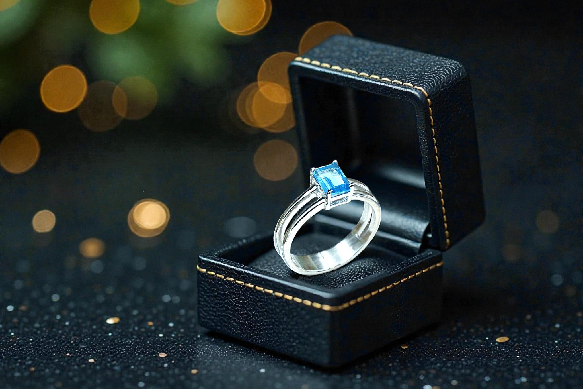 Emerald Cut Natural Blue Topaz birthstone  Ring RG-GM-BT-SL-014