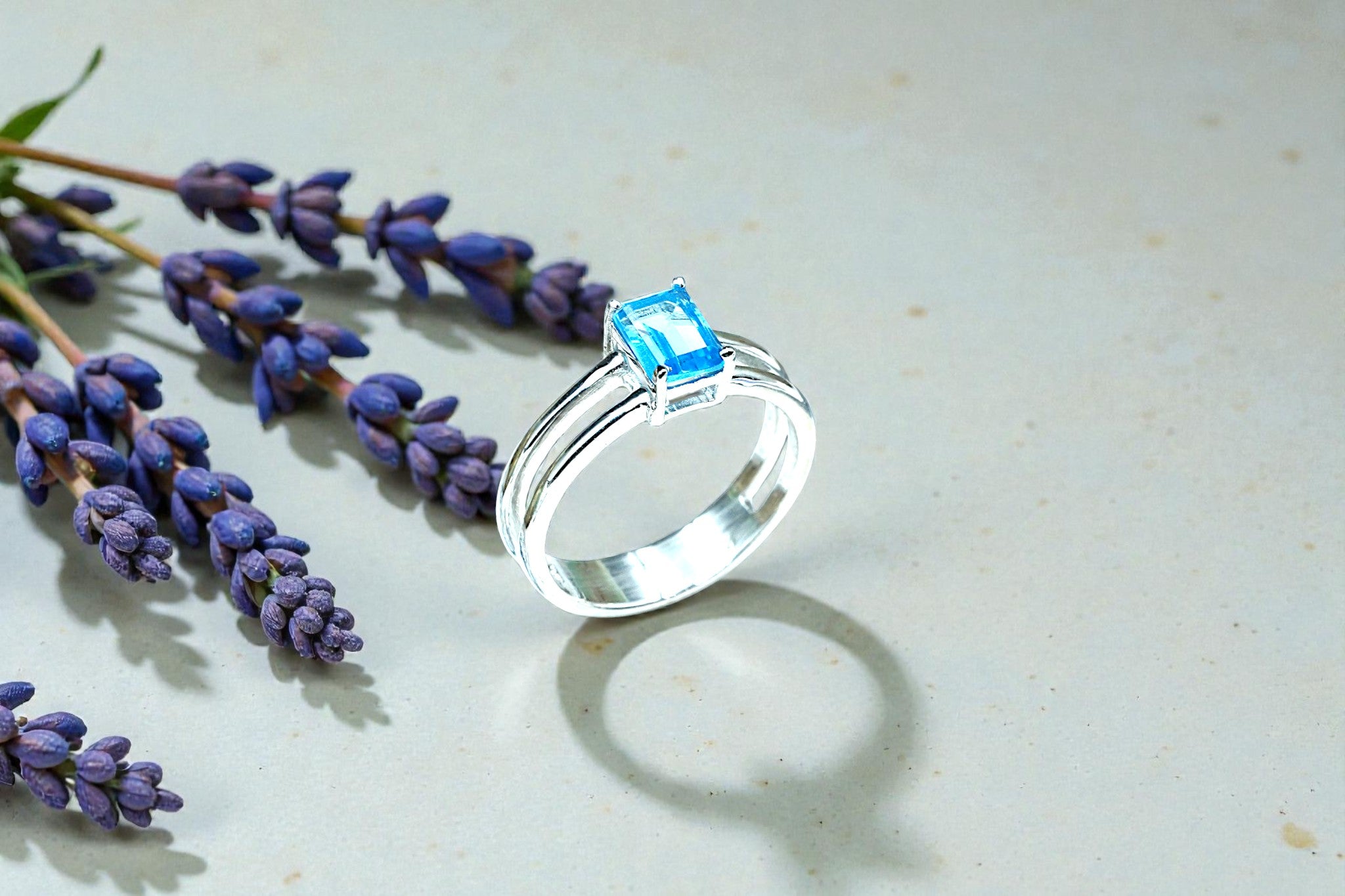 Emerald Cut Natural Blue Topaz birthstone  Ring RG-GM-BT-SL-014
