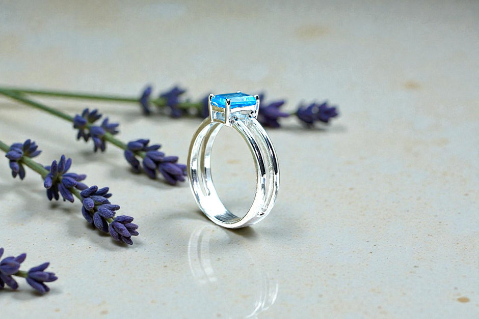 Emerald Cut Natural Blue Topaz birthstone  Ring RG-GM-BT-SL-014