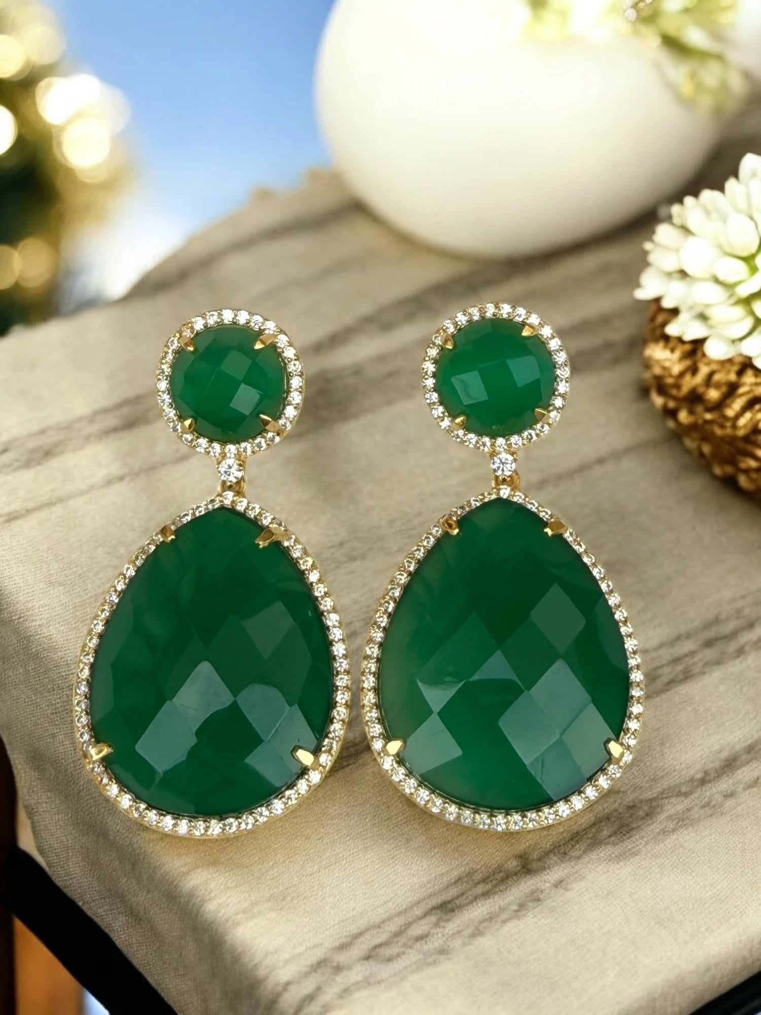 Emerald green fern bloom dangle earrings