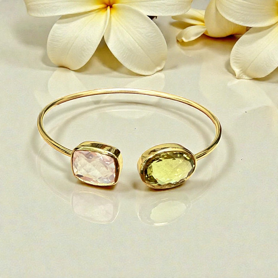 Rose quartz and lemon quartz Open Cuff Bangle