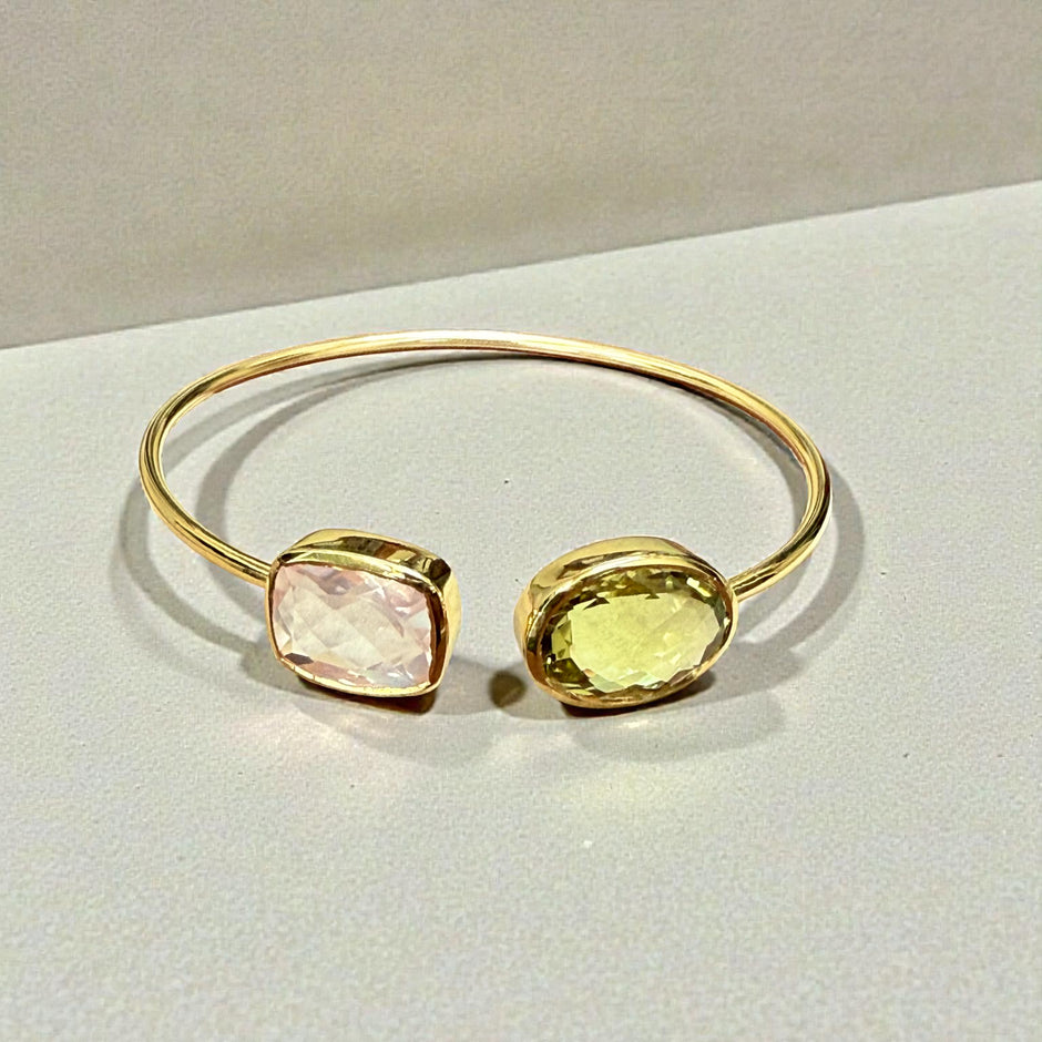 Rose quartz and lemon quartz Open Cuff Bangle