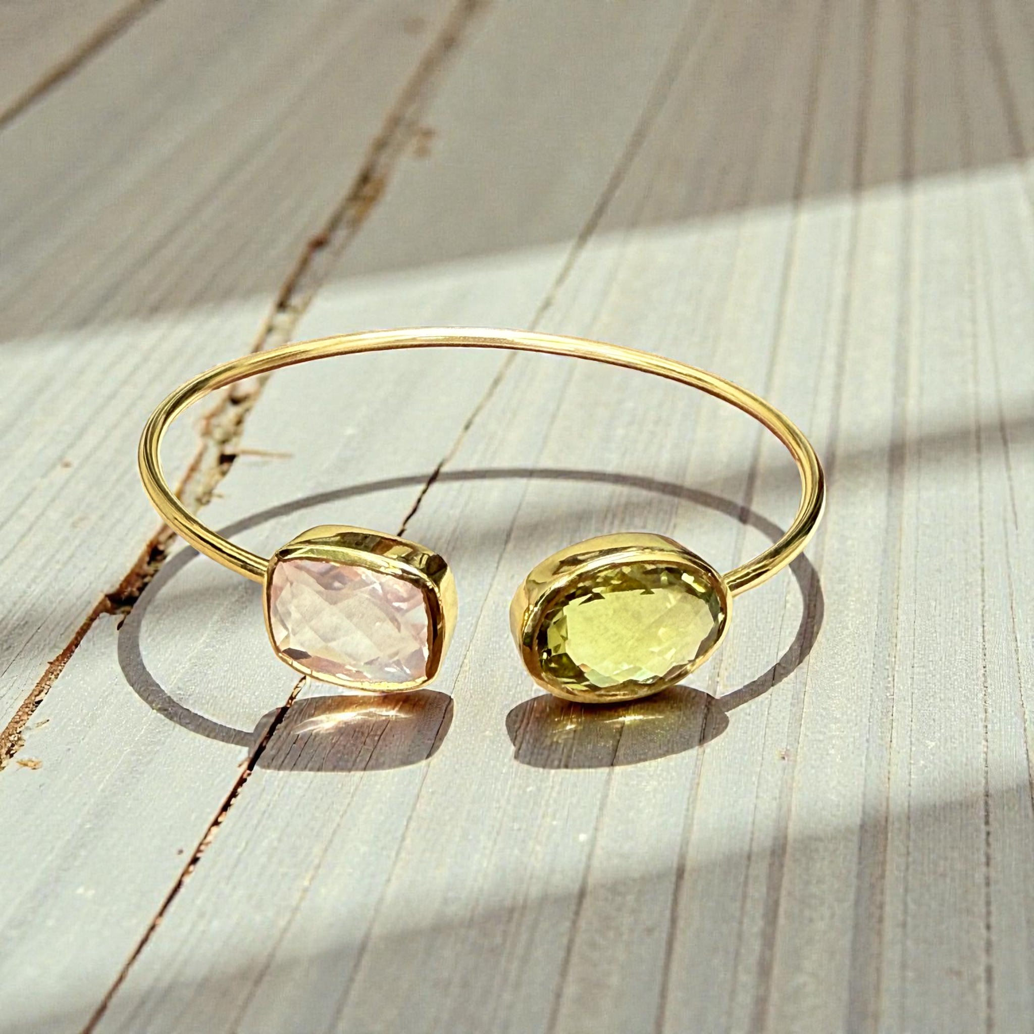 Rose quartz and lemon quartz Open Cuff Bangle