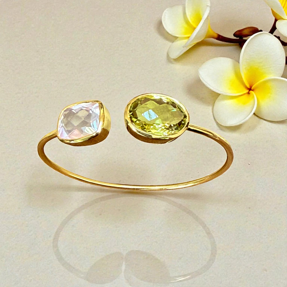 Rose quartz and lemon quartz Open Cuff Bangle
