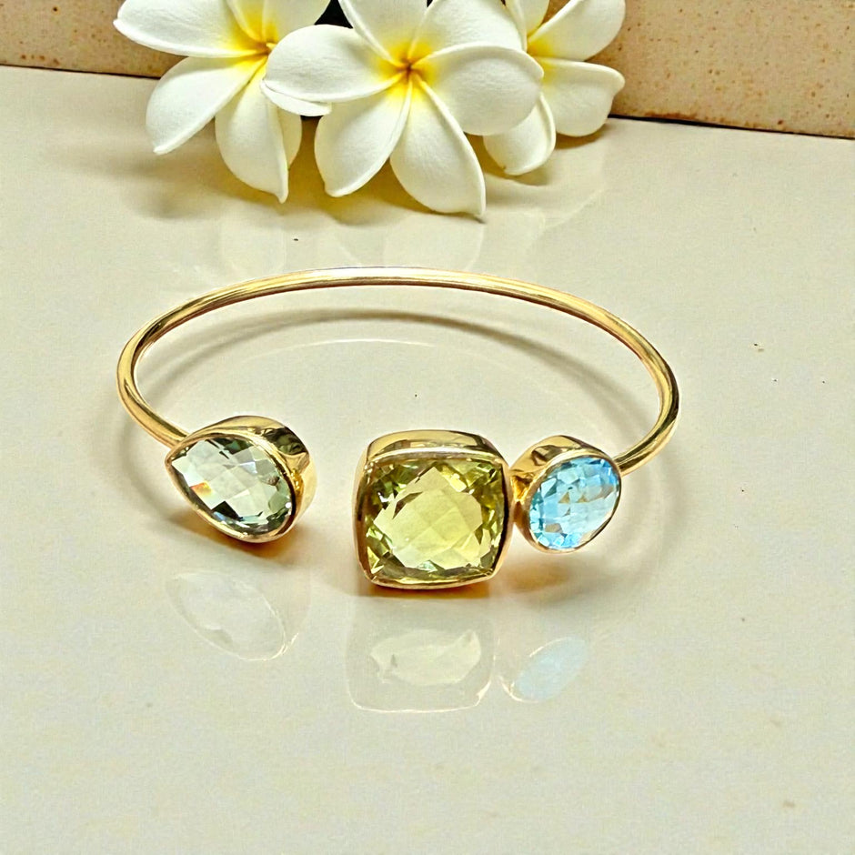 Emerald cut green Amethyst Topaz Open Cuff Bangle