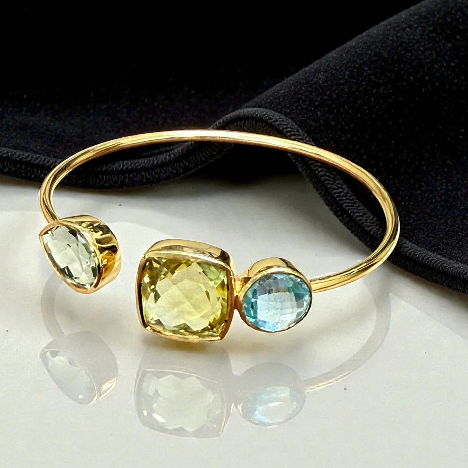 Emerald cut green Amethyst Topaz Open Cuff Bangle