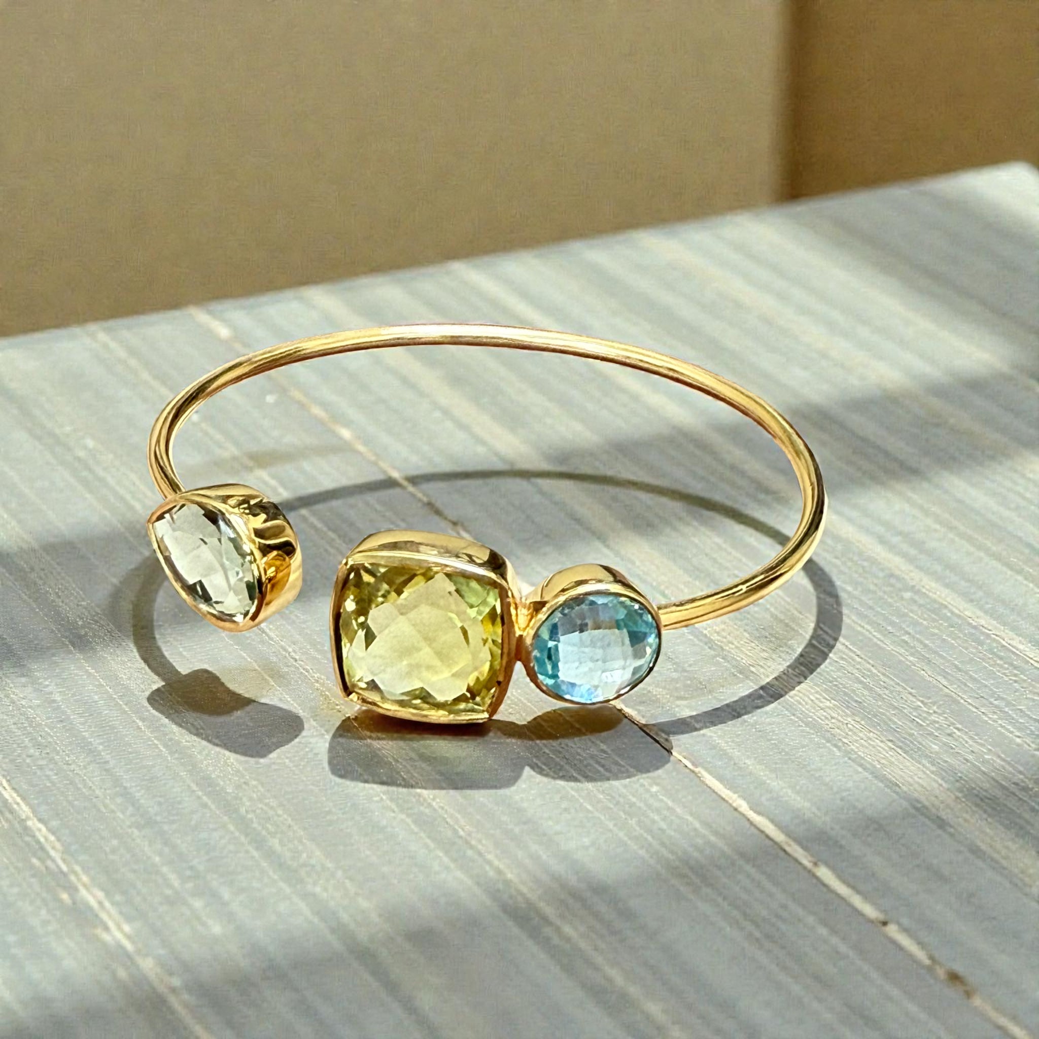 Emerald cut green Amethyst Topaz Open Cuff Bangle