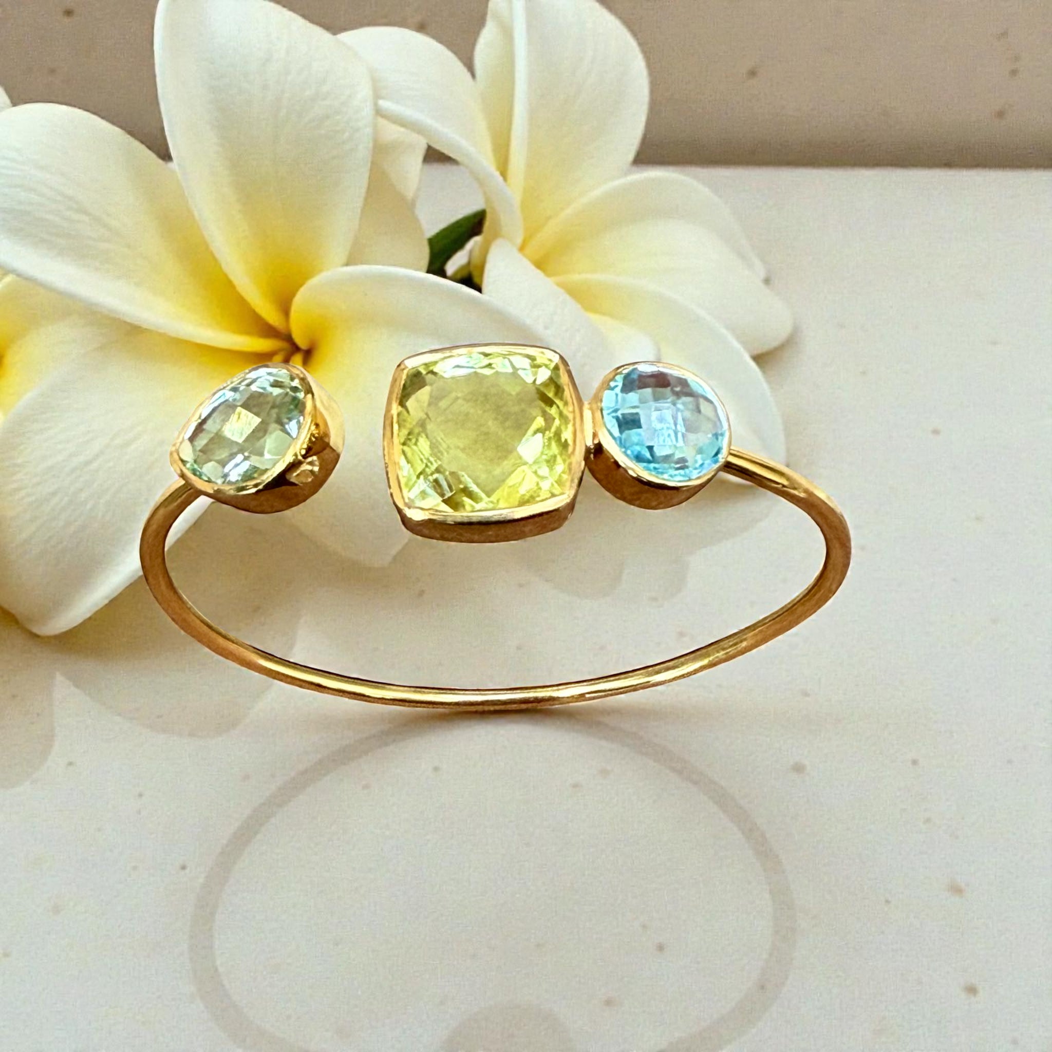 Emerald cut green Amethyst Topaz Open Cuff Bangle