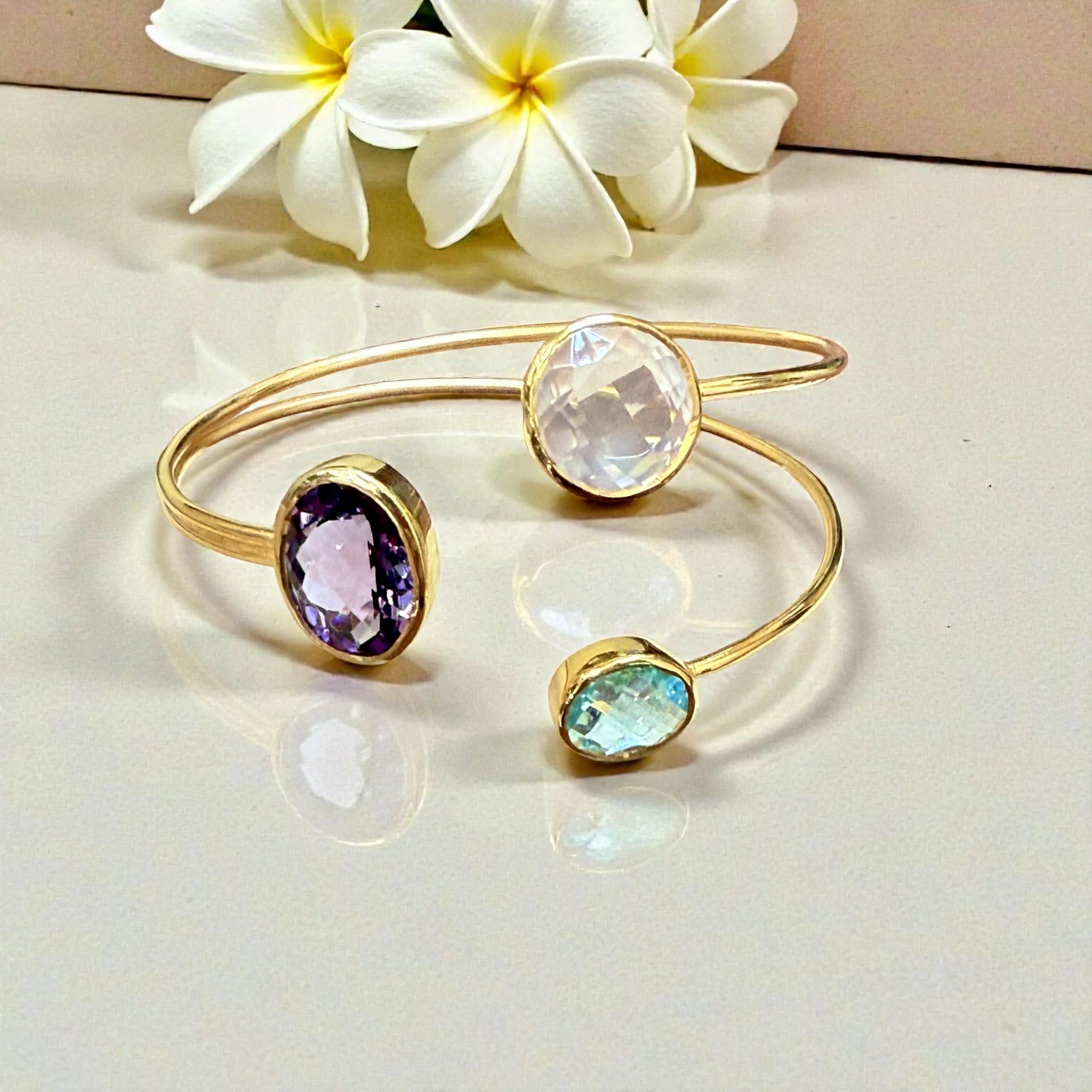 Open Cuff Gemstone Bangle – Blue Topaz, Lavender Amethyst, Rose Quartz