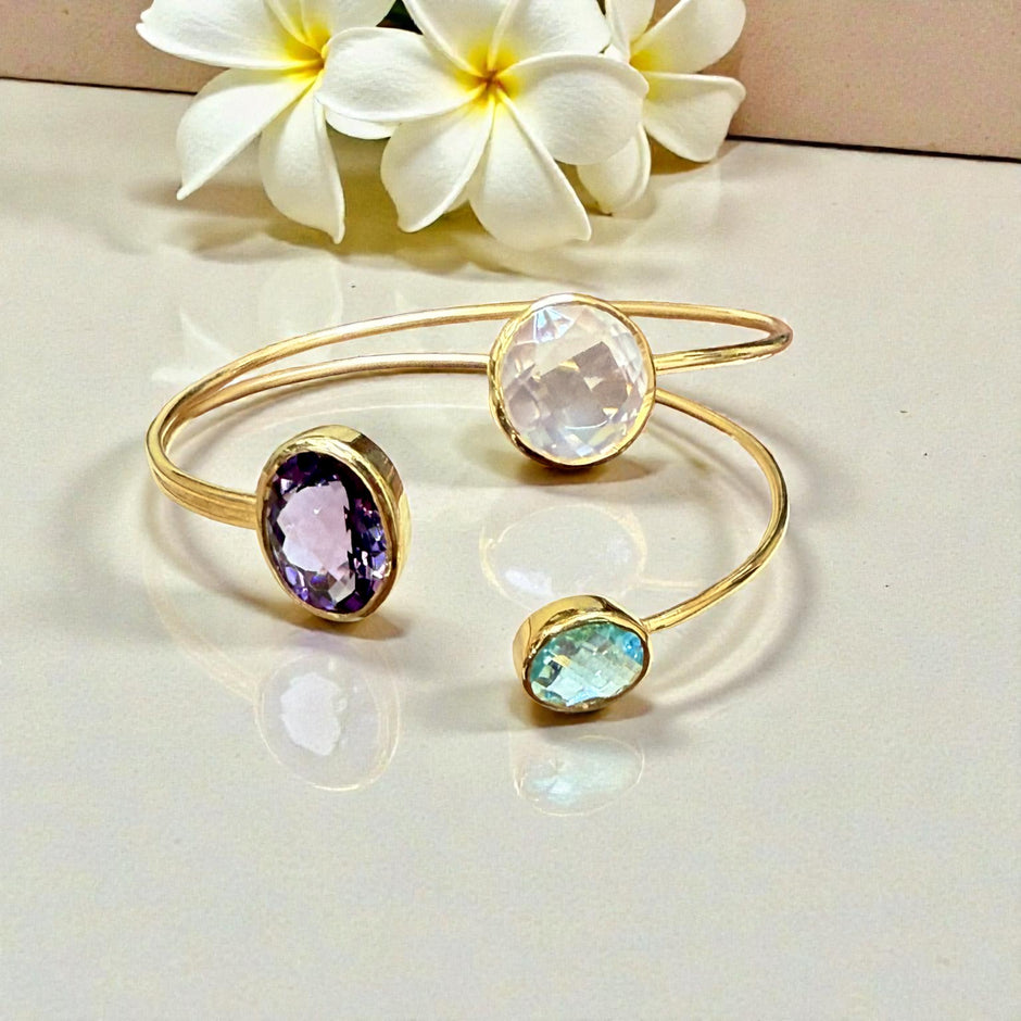 Open Cuff Gemstone Bangle – Blue Topaz, Lavender Amethyst, Rose Quartz