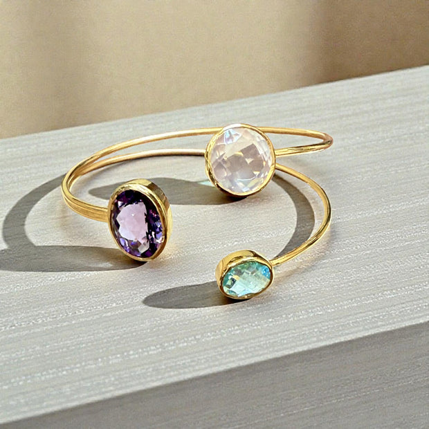 Open Cuff Gemstone Bangle – Blue Topaz, Lavender Amethyst, Rose Quartz