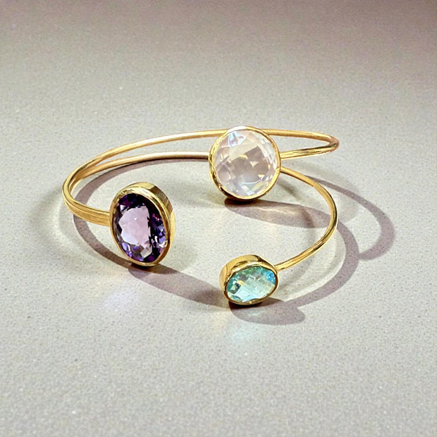 Open Cuff Gemstone Bangle – Blue Topaz, Lavender Amethyst, Rose Quartz