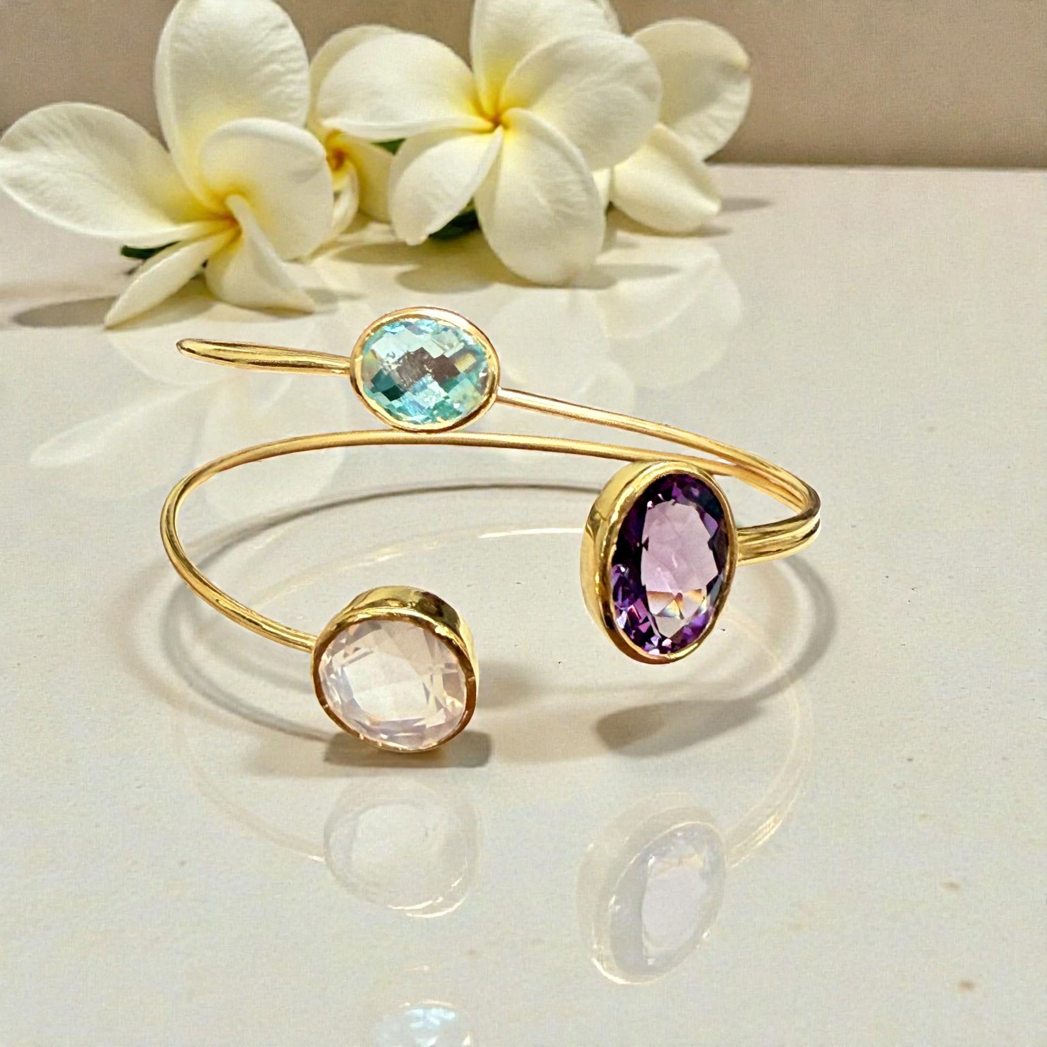 Open Cuff Gemstone Bangle – Blue Topaz, Lavender Amethyst, Rose Quartz