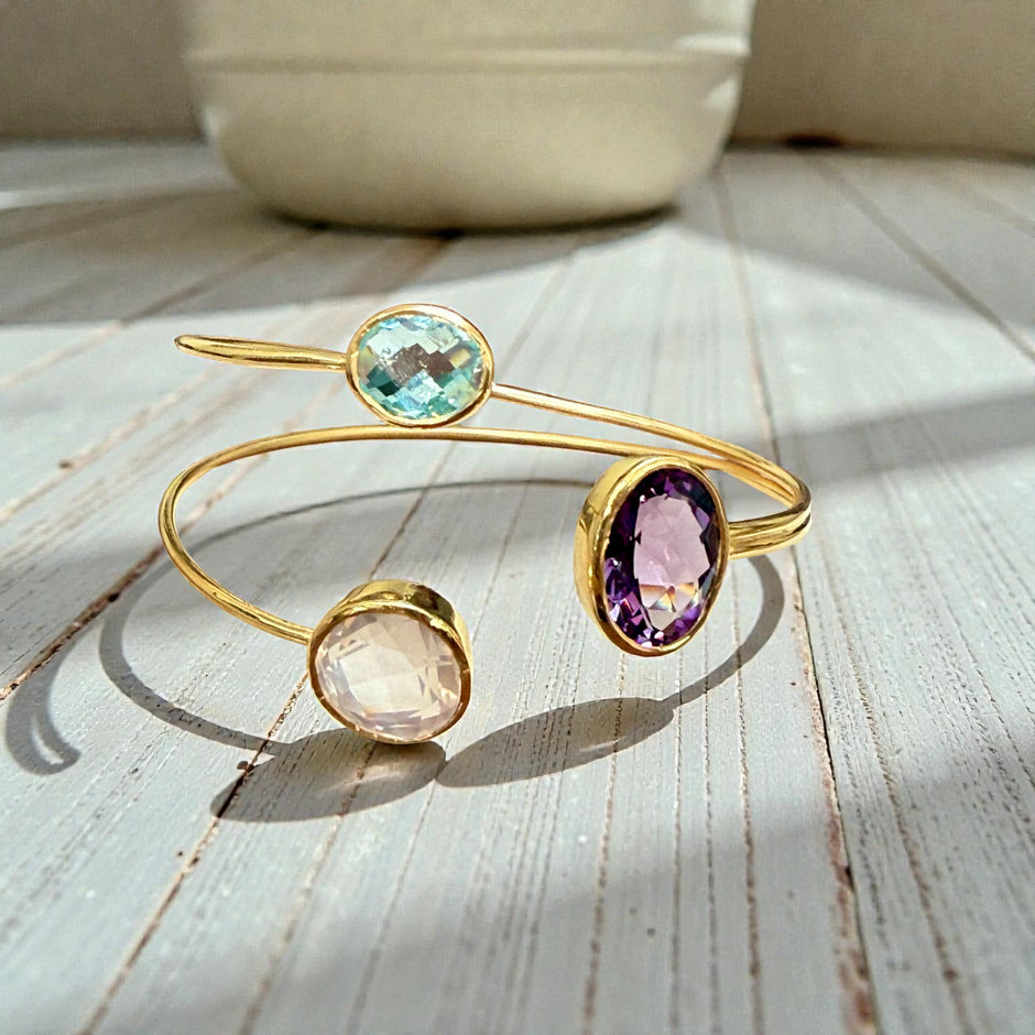 Open Cuff Gemstone Bangle – Blue Topaz, Lavender Amethyst, Rose Quartz