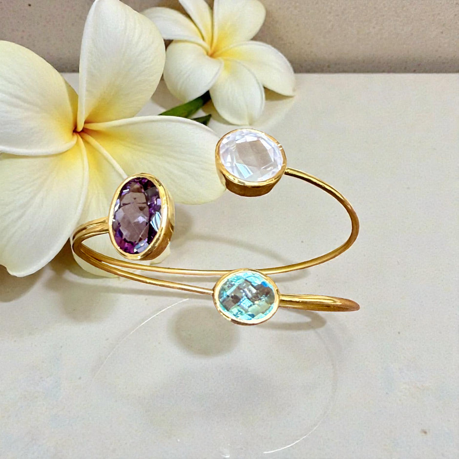 Open Cuff Gemstone Bangle – Blue Topaz, Lavender Amethyst, Rose Quartz