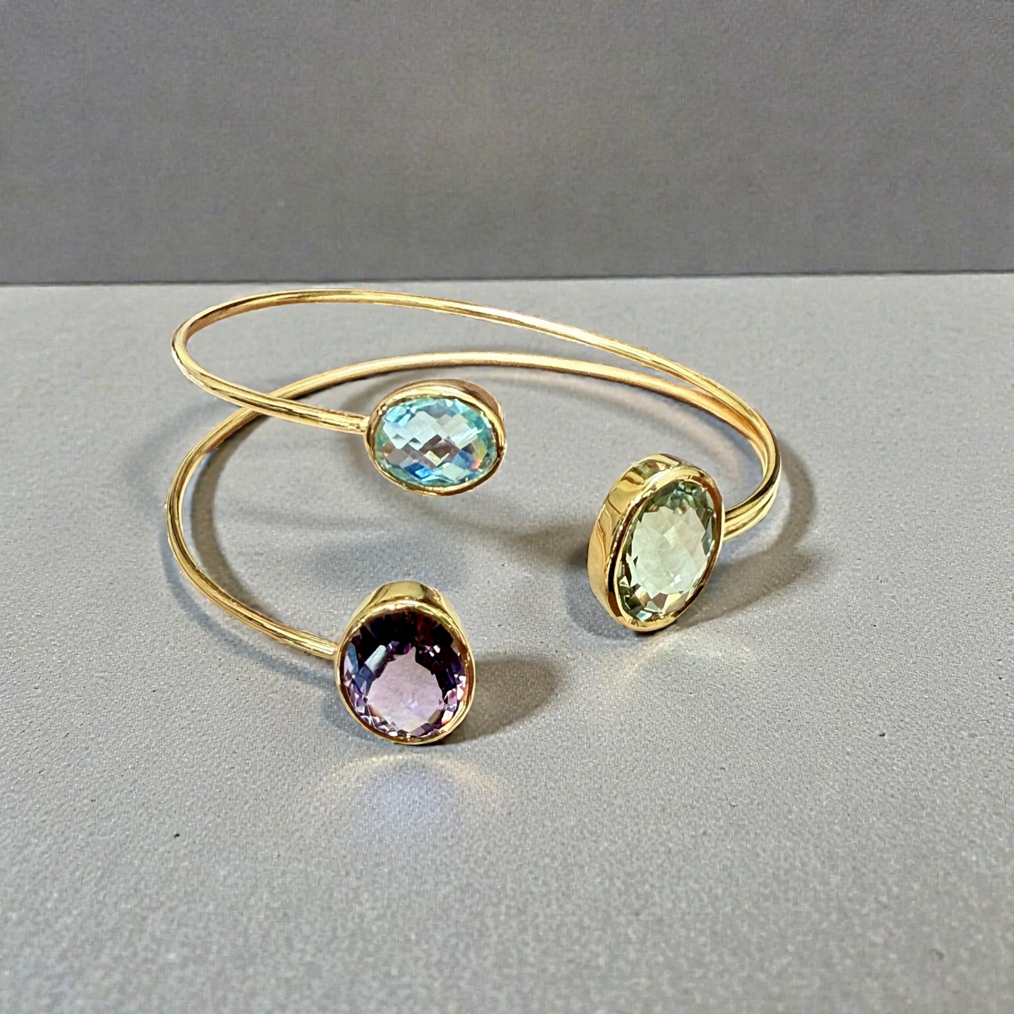 Open Cuff Gemstone Bangle – Blue Topaz, Lavender Amethyst, peridot