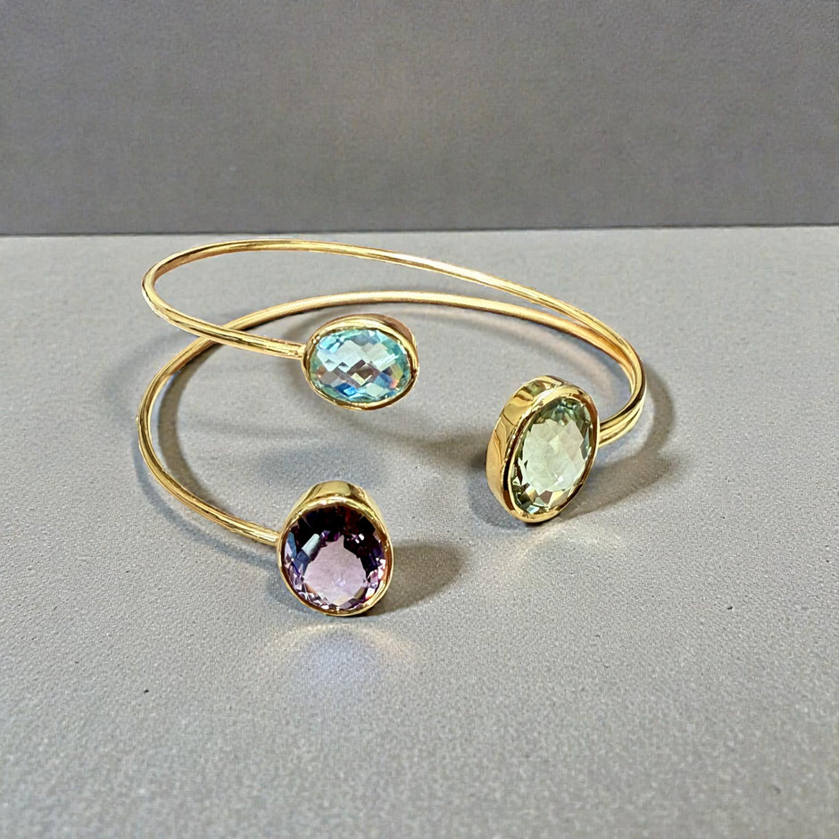 Open Cuff Gemstone Bangle – Blue Topaz, Lavender Amethyst, peridot
