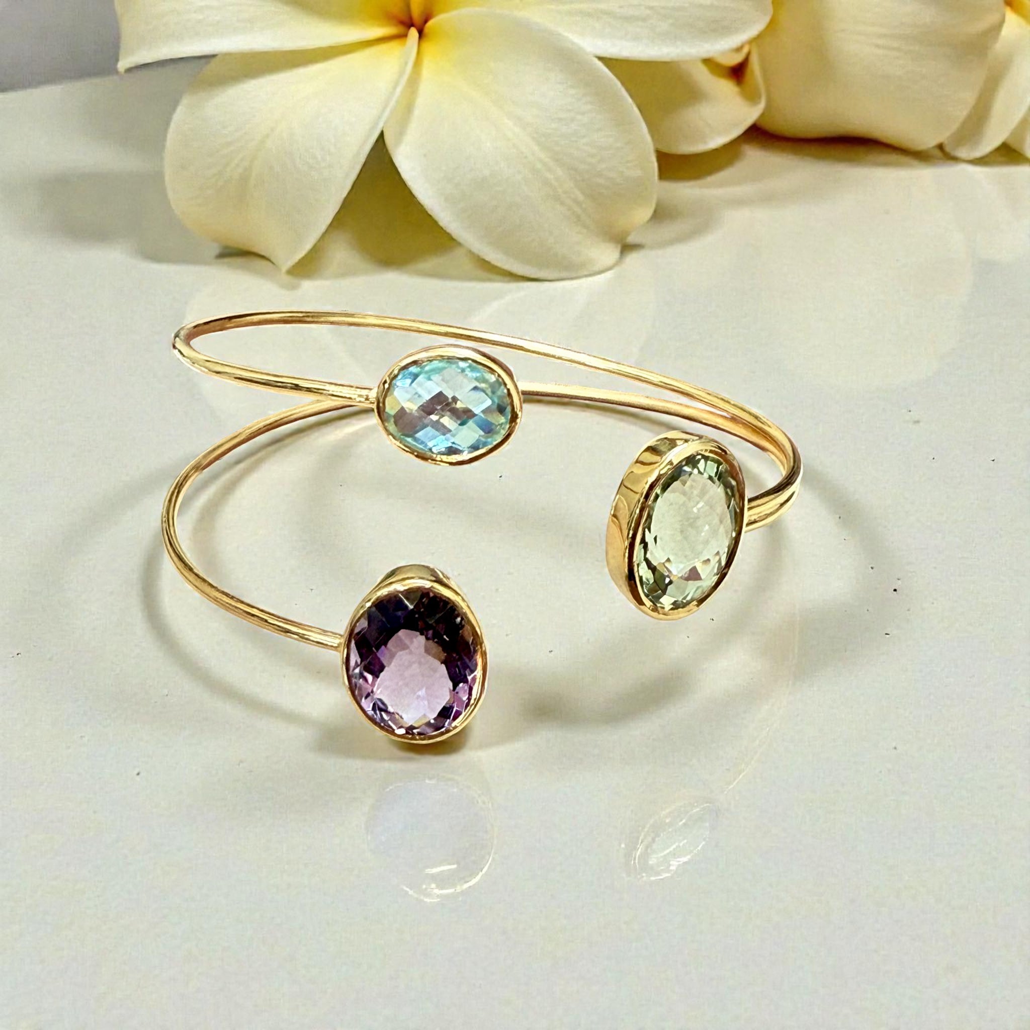 Open Cuff Gemstone Bangle – Blue Topaz, Lavender Amethyst, peridot