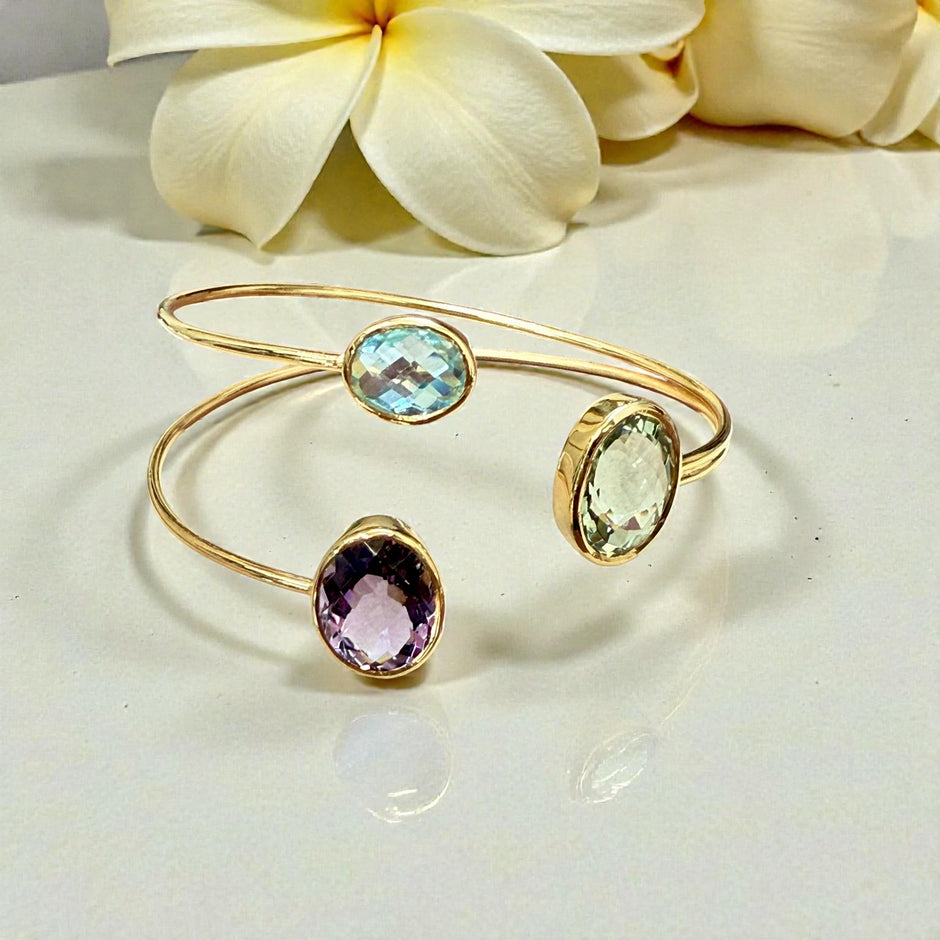 Open Cuff Gemstone Bangle – Blue Topaz, Lavender Amethyst, peridot
