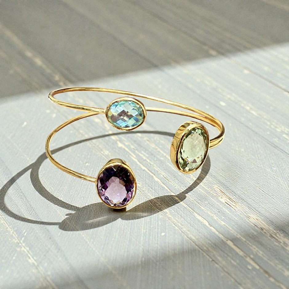 Open Cuff Gemstone Bangle – Blue Topaz, Lavender Amethyst, peridot