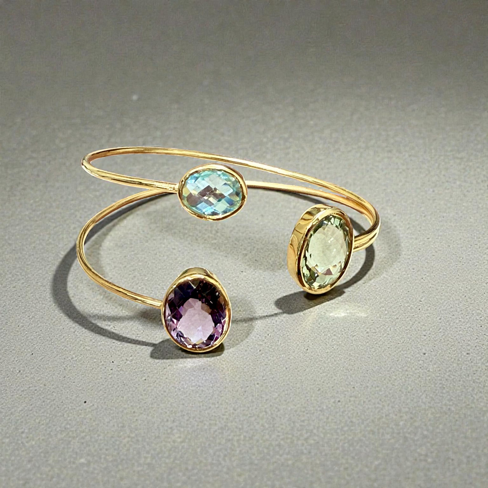 Open Cuff Gemstone Bangle – Blue Topaz, Lavender Amethyst, peridot