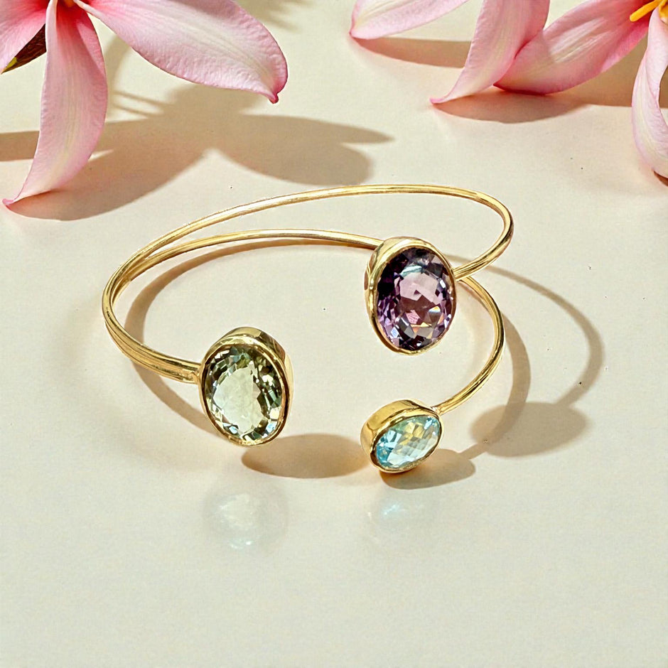 Open Cuff Gemstone Bangle – Blue Topaz, Lavender Amethyst, peridot