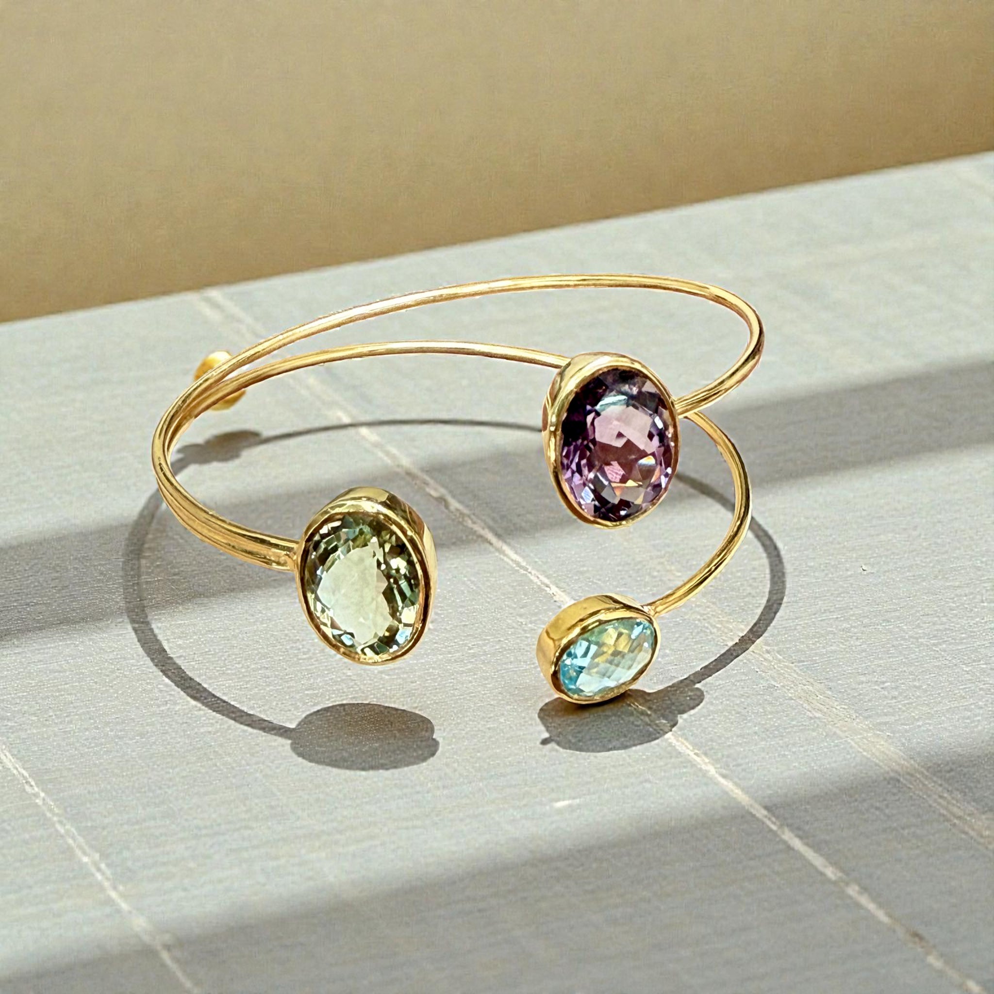 Open Cuff Gemstone Bangle – Blue Topaz, Lavender Amethyst, peridot