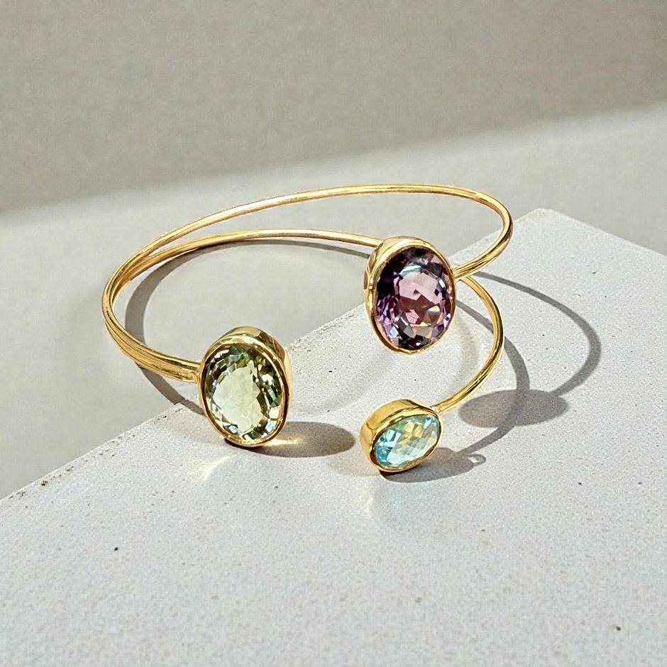 Open Cuff Gemstone Bangle – Blue Topaz, Lavender Amethyst, peridot