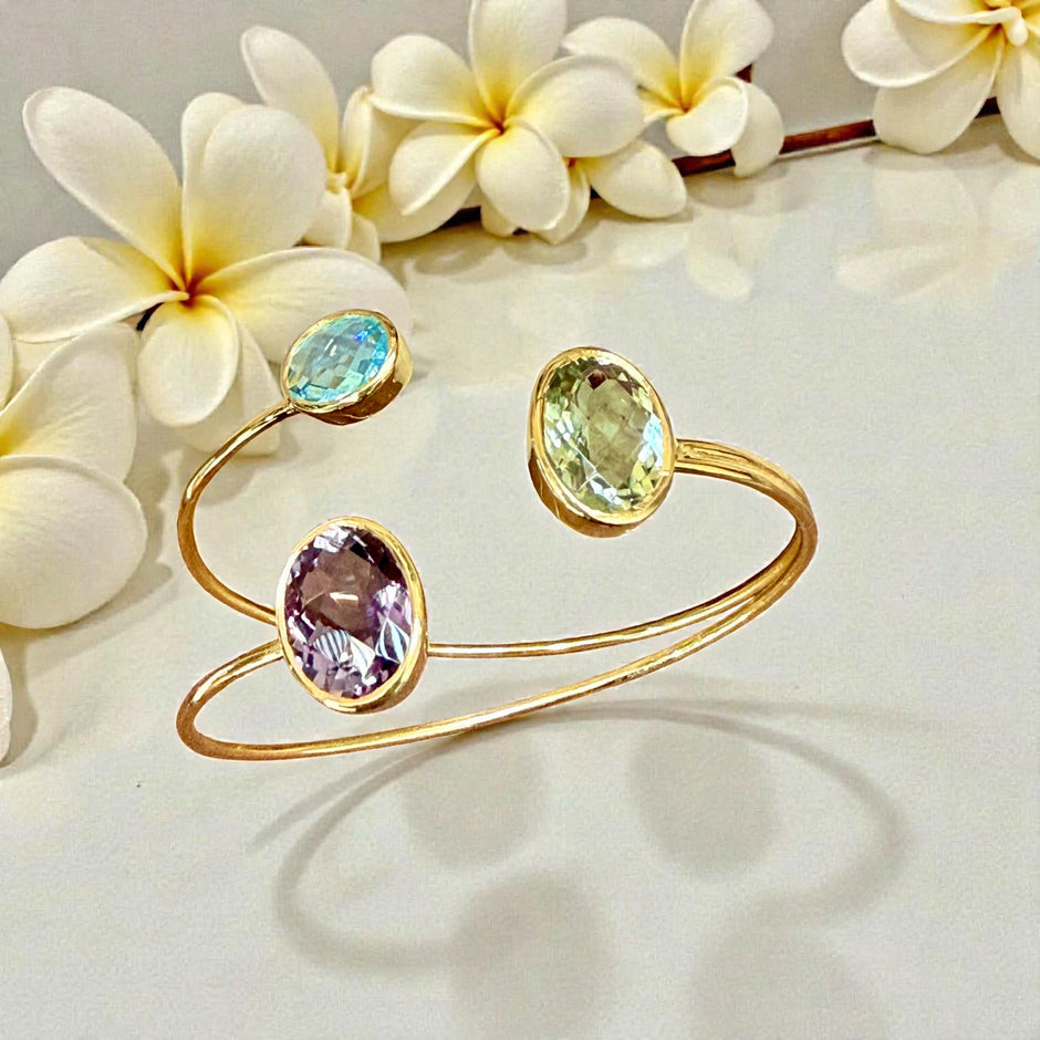 Open Cuff Gemstone Bangle – Blue Topaz, Lavender Amethyst, peridot