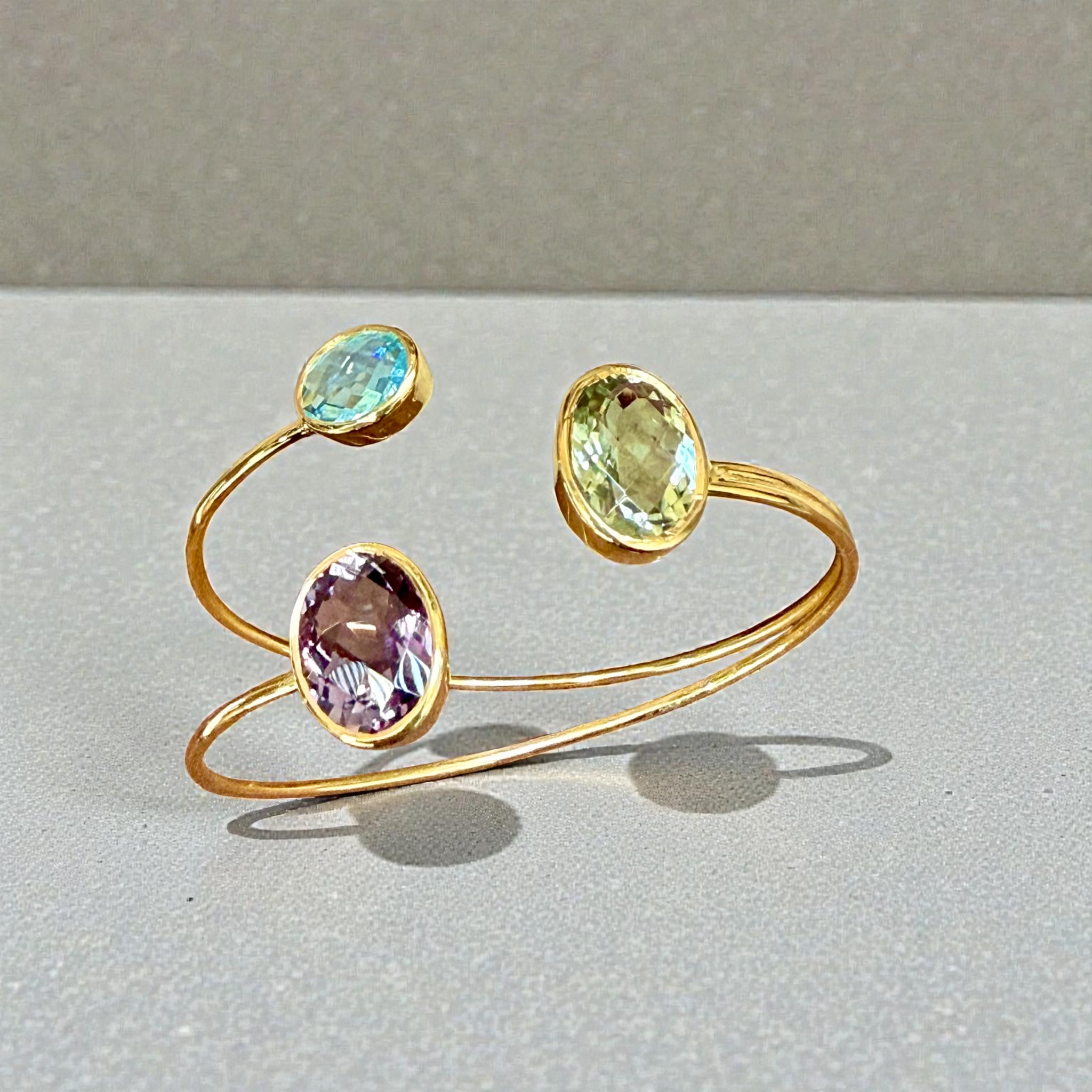 Open Cuff Gemstone Bangle – Blue Topaz, Lavender Amethyst, peridot