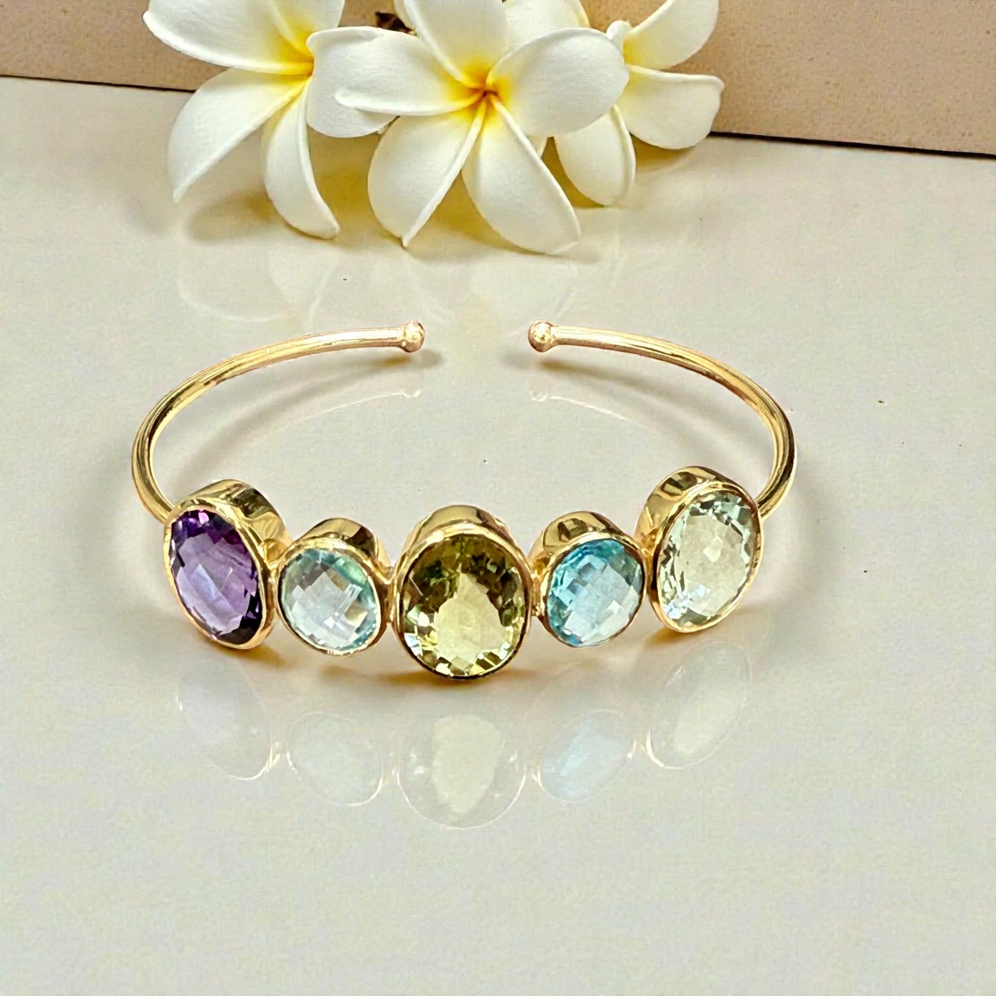 Open Cuff Rainbow Gemstone Bangle – Blue Topaz, Lavender & Green Amethyst, peridot