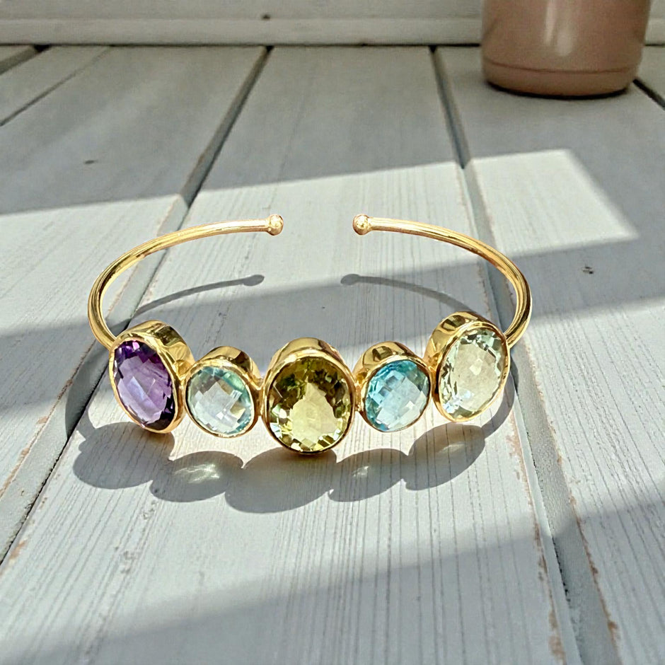 Open Cuff Rainbow Gemstone Bangle – Blue Topaz, Lavender & Green Amethyst, peridot