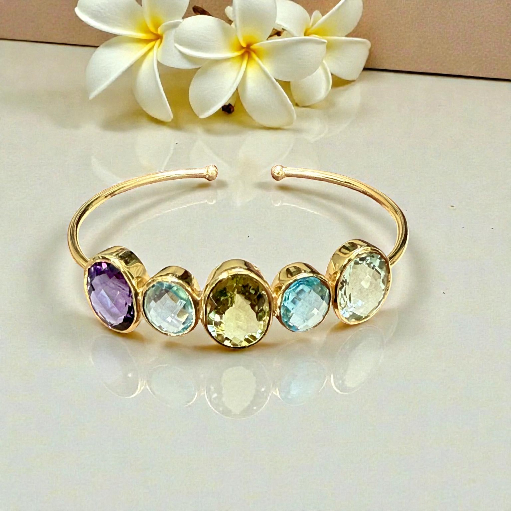 Open Cuff Rainbow Gemstone Bangle – Blue Topaz, Lavender & Green Amethyst, peridot