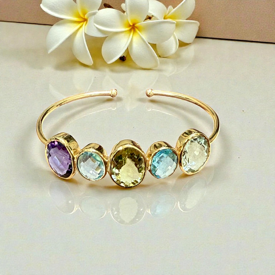 Open Cuff Rainbow Gemstone Bangle – Blue Topaz, Lavender & Green Amethyst, peridot