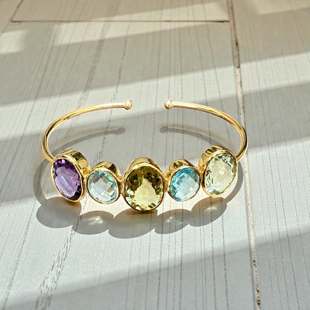 Open Cuff Rainbow Gemstone Bangle – Blue Topaz, Lavender & Green Amethyst, peridot