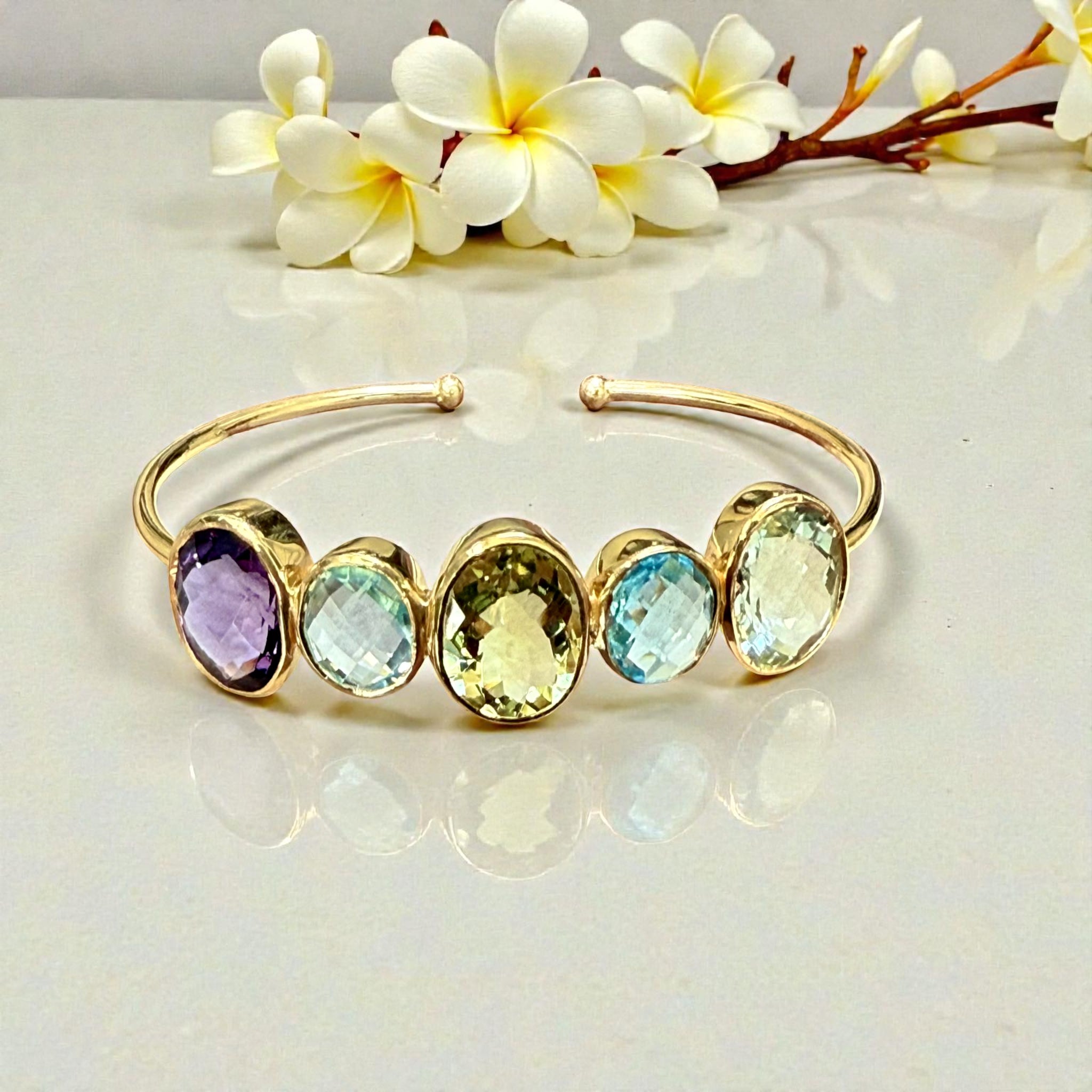 Open Cuff Rainbow Gemstone Bangle – Blue Topaz, Lavender & Green Amethyst, peridot