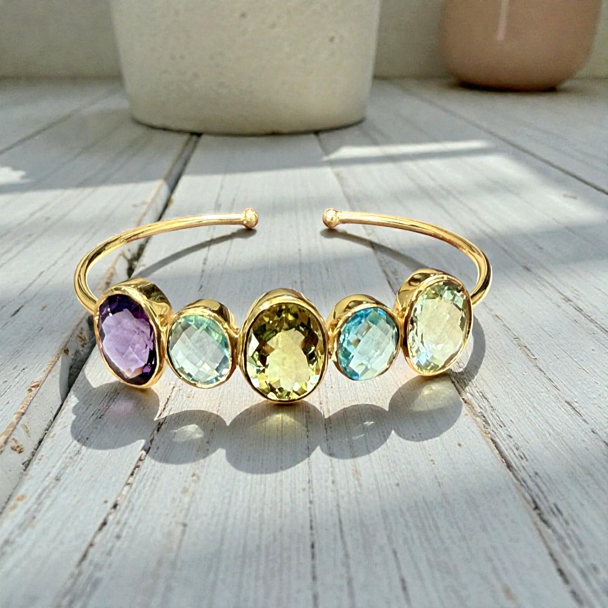 Open Cuff Rainbow Gemstone Bangle – Blue Topaz, Lavender & Green Amethyst, peridot