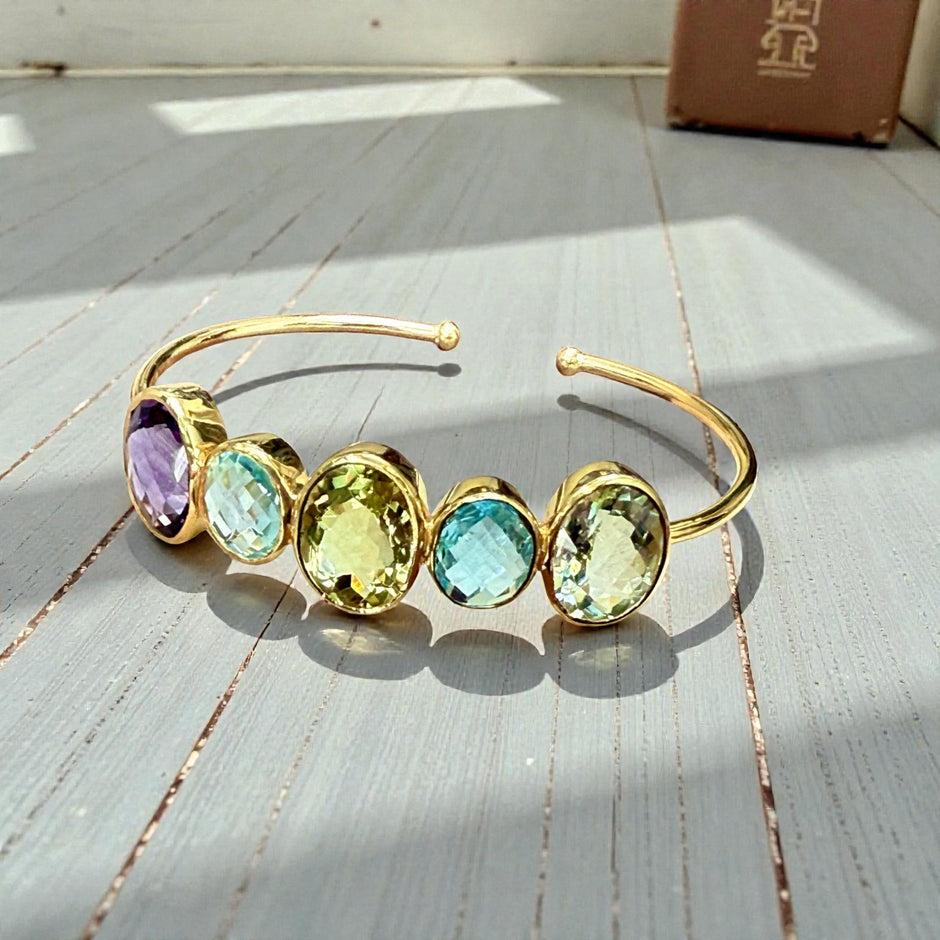 Open Cuff Rainbow Gemstone Bangle – Blue Topaz, Lavender & Green Amethyst, peridot