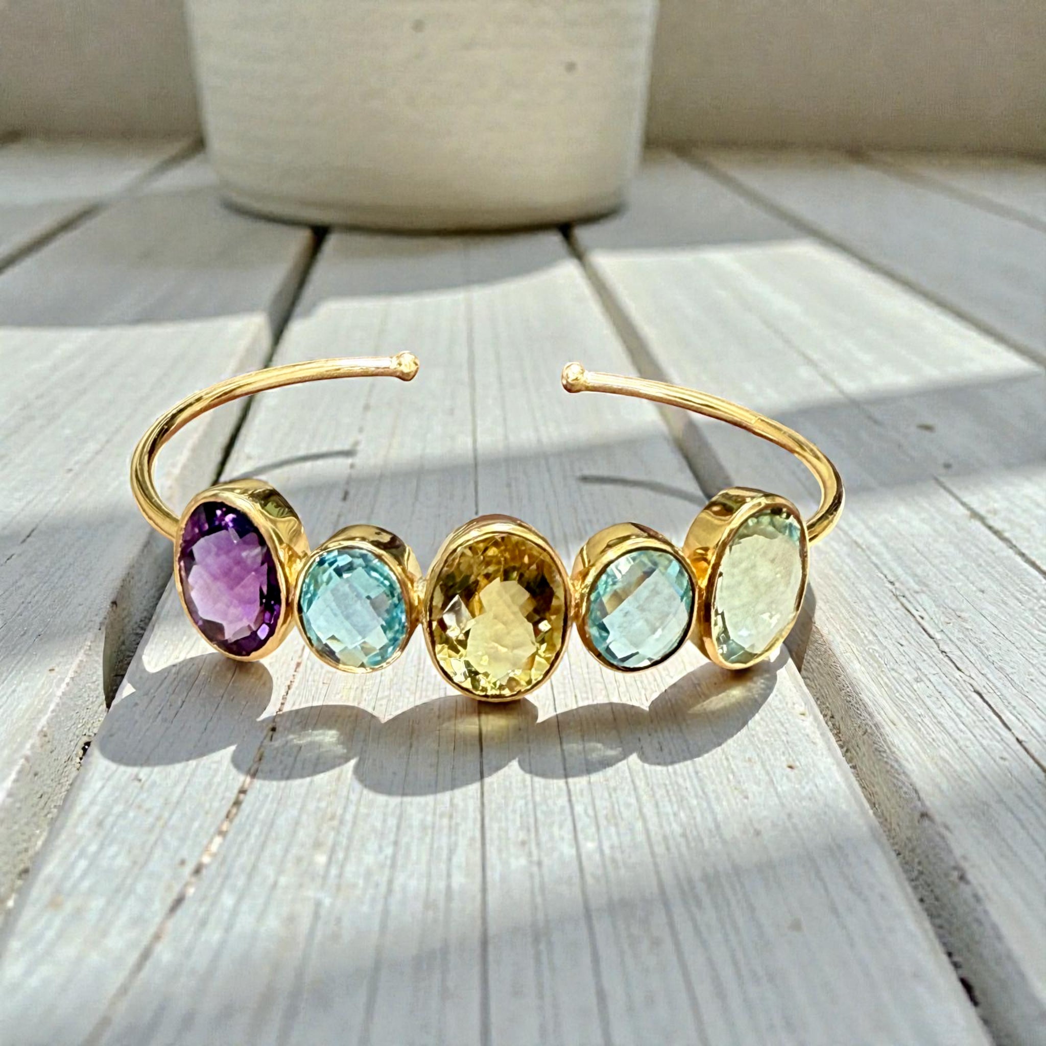 Open Cuff Rainbow Gemstone Bangle – Blue Topaz, Lavender & Green Amethyst, peridot