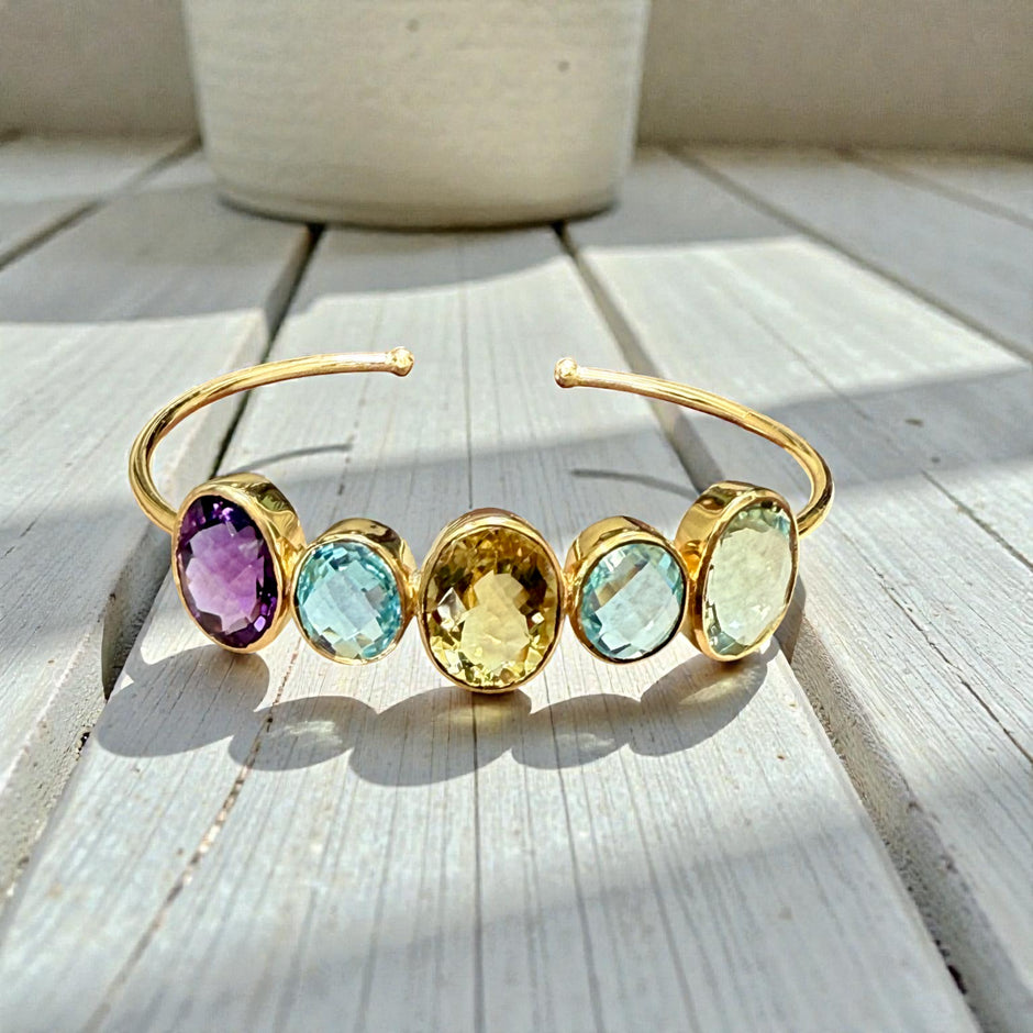 Open Cuff Rainbow Gemstone Bangle – Blue Topaz, Lavender & Green Amethyst, peridot