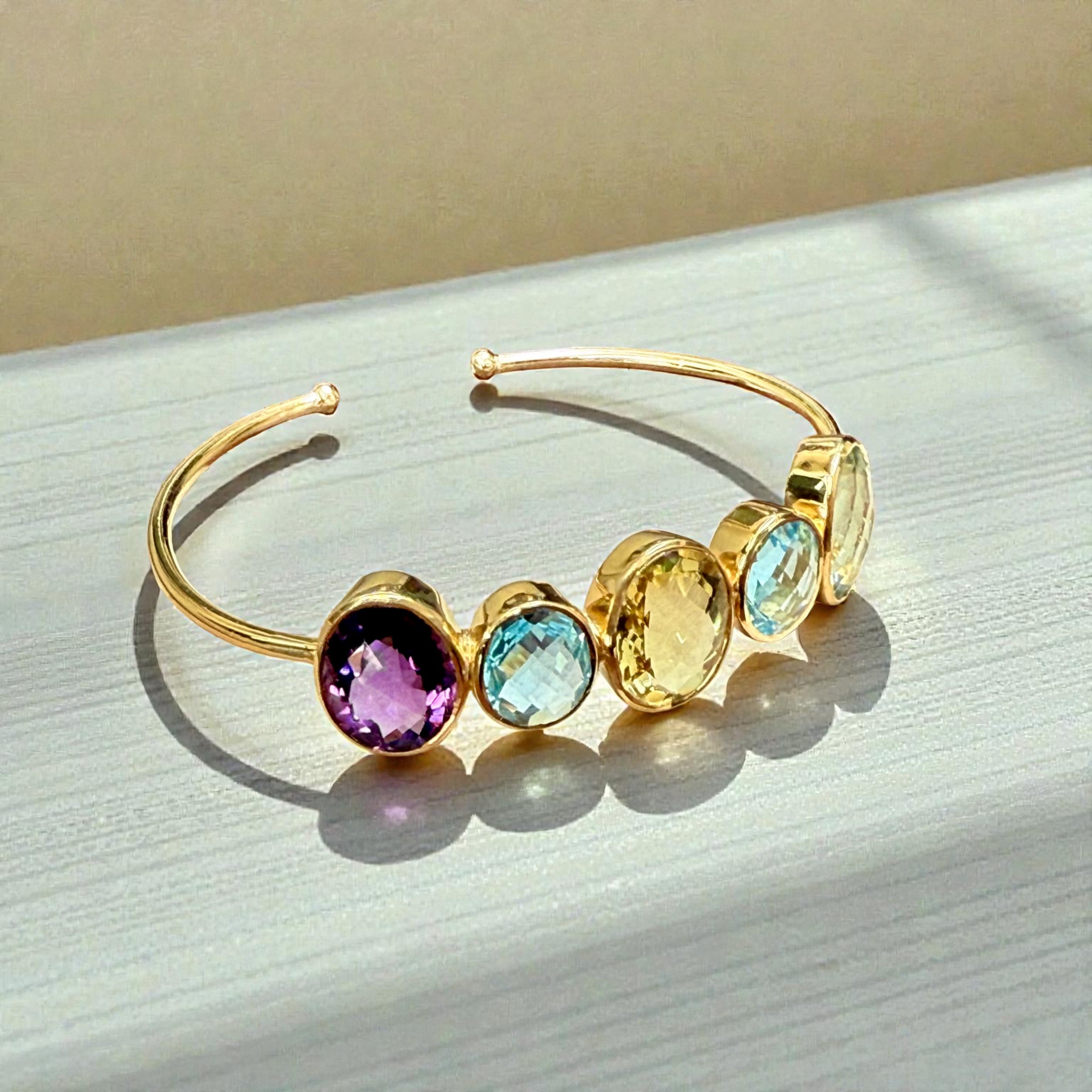 Open Cuff Rainbow Gemstone Bangle – Blue Topaz, Lavender & Green Amethyst, peridot